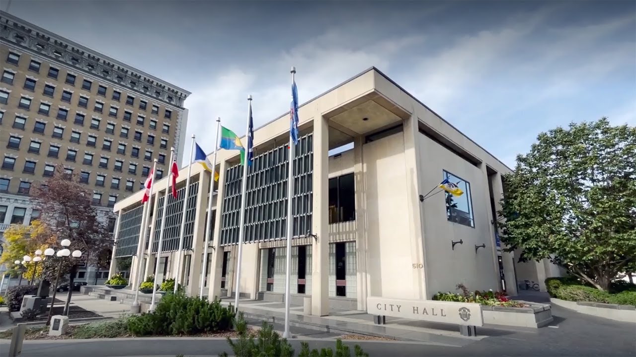 Winnipeg City Hall Council Building and plaza on a clear day