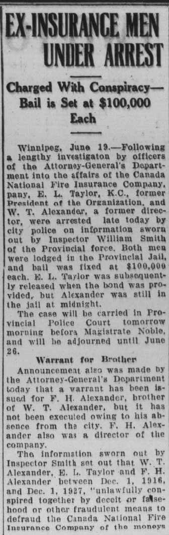 1929 newspaper clipping: Ex-insurance men under arrest, Oshawa Daily Times, Winnipeg dateline mentioning E. L. Taylor K.C.