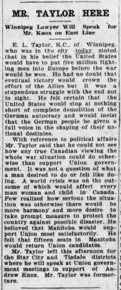 Prince Albert Daily Herald clipping mentioning E. L. Taylor K.C. of Winnipeg speaking on the war and Union government