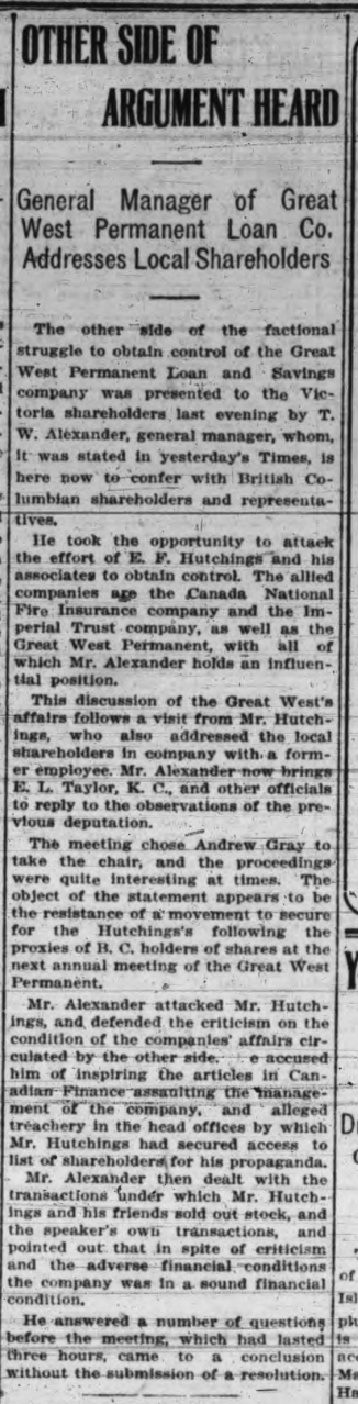 Victoria Daily Times clipping on Great West Permanent Loan Company shareholder meeting mentioning E. L. Taylor K.C.